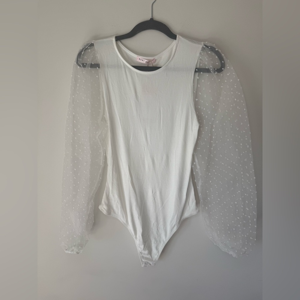 Elegant White Sheer Bubble Sleeve Bodysuit